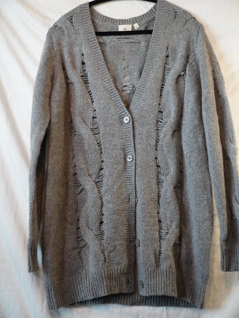 AG Adriano Goldschmied Cameron Mohair Wool Cardigan Distressed Cable Grey S